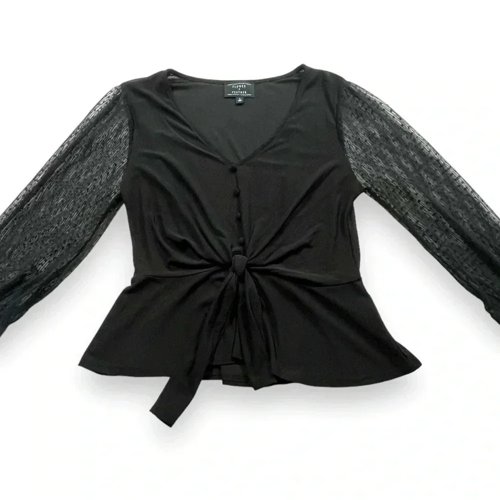 Flower and Feather Black Cinched Waist Peplum Top with Dot Lace Puffed Sleeves